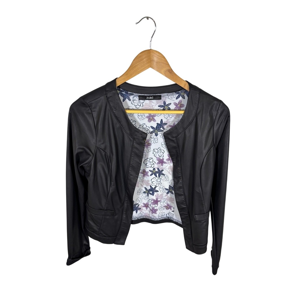 Zuiki‎ Black Faux Leather Jacket Floral Lining Long Sleeve Sz Medium